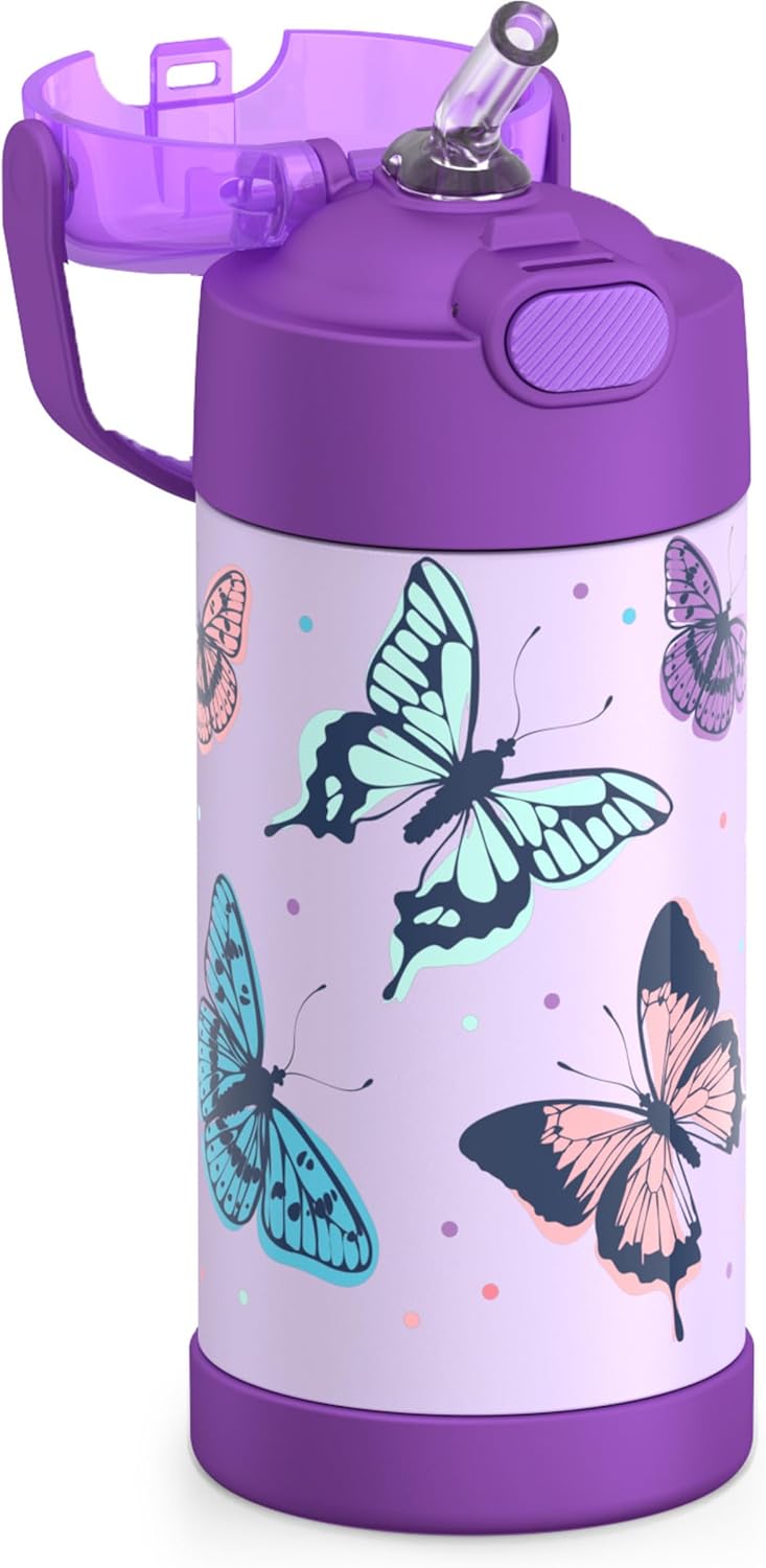THERMOS FUNTAINER Water Bottle - 12 Ounce Kids Stainless Steel Vacuum Insulated with Straw | Butterfly Frenzy
