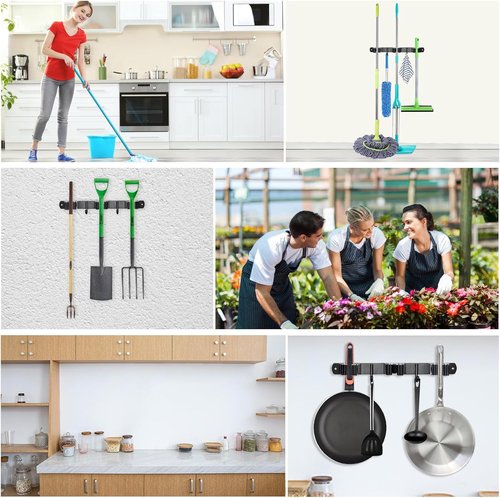 Huryfox Heavy-Duty Stainless Steel Broom Holder - Adjustable Wall Mount for 1-4 cm Diameter, Black | 3 Racks & 2 Hooks