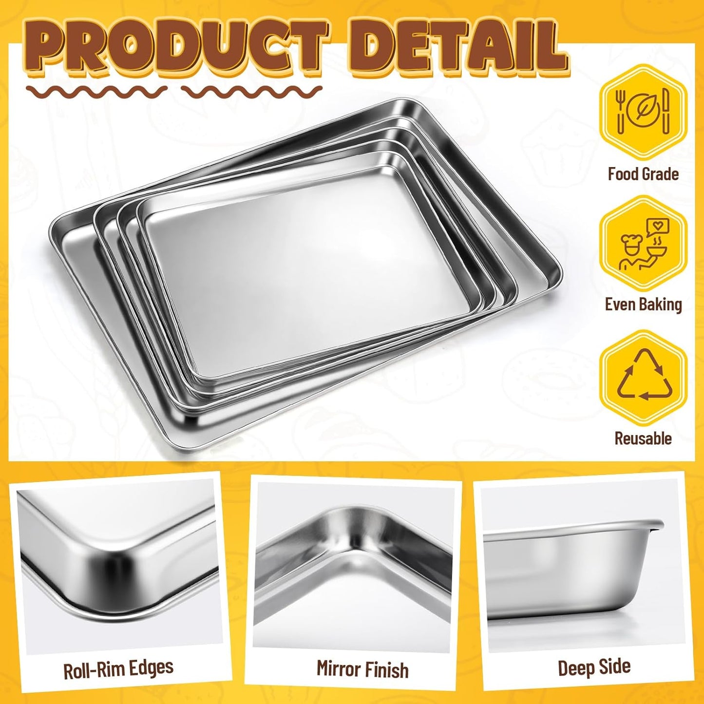 Skiennix Stainless Steel Baking Pans Set - 4 Pack Heavy Duty Cookie Sheets | Non-Stick, 16/18/20/24 Inch