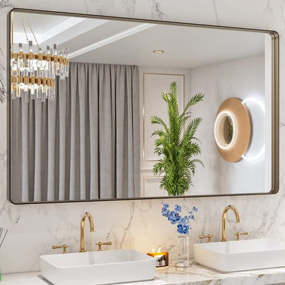 LOAAO 60”X36” Bronze Bathroom Mirrors for Vanity, Rounded Rectangle Brushed Bronze Metal Frame Mirror, Anti-Rust, Tempered Glass, Hangs Horizontally or Vertically