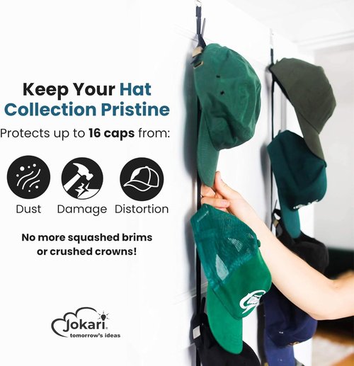 Jokari Over The Door Cap Rack Organizer - Adjustable Hat Storage System for 16 Baseball Caps | 2 Pack