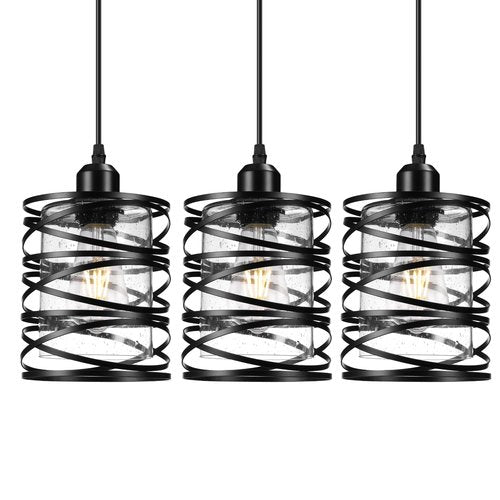 3 PACK Industrial Pendant Lights Kitchen Island, Black Hanging Kitchen Lights, Adjustable Kitchen Pendant Lighting over Island, Modern Seeded Glass Shade Island Lights for Kitchen, Dining Room, Bar