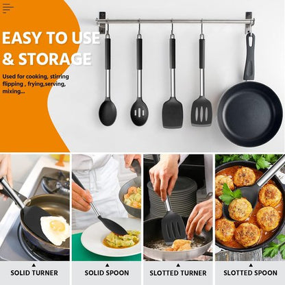 E-far Silicone Cooking Utensils Set - Heat Resistant & Non-Toxic for Non-Stick Cookware | 4-Piece Black Set