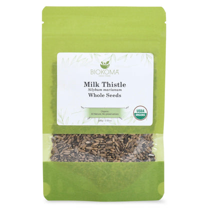 Biokoma Pure and Organic Milk Thistle Whole Seeds 100g (3.55oz) in Resealable Moisture Proof Pouch, USDA Certified Organic - Herbal Tea, No Additives, No Preservatives, No GMO, Kosher