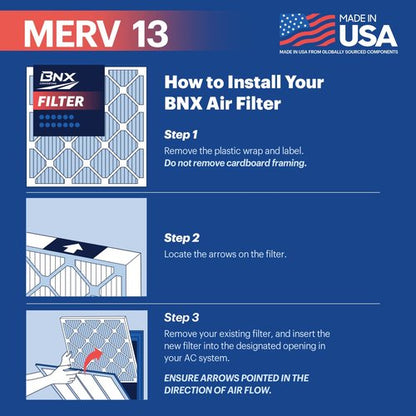 BNX TruFilter 20x20x1 Air Filter MERV 13 (6-Pack) - MADE IN USA - Electrostatic Pleated Air Conditioner HVAC AC Furnace Filters for Allergies, Pollen, Mold, Bacteria, Smoke, Allergen, MPR 1900 FPR 10