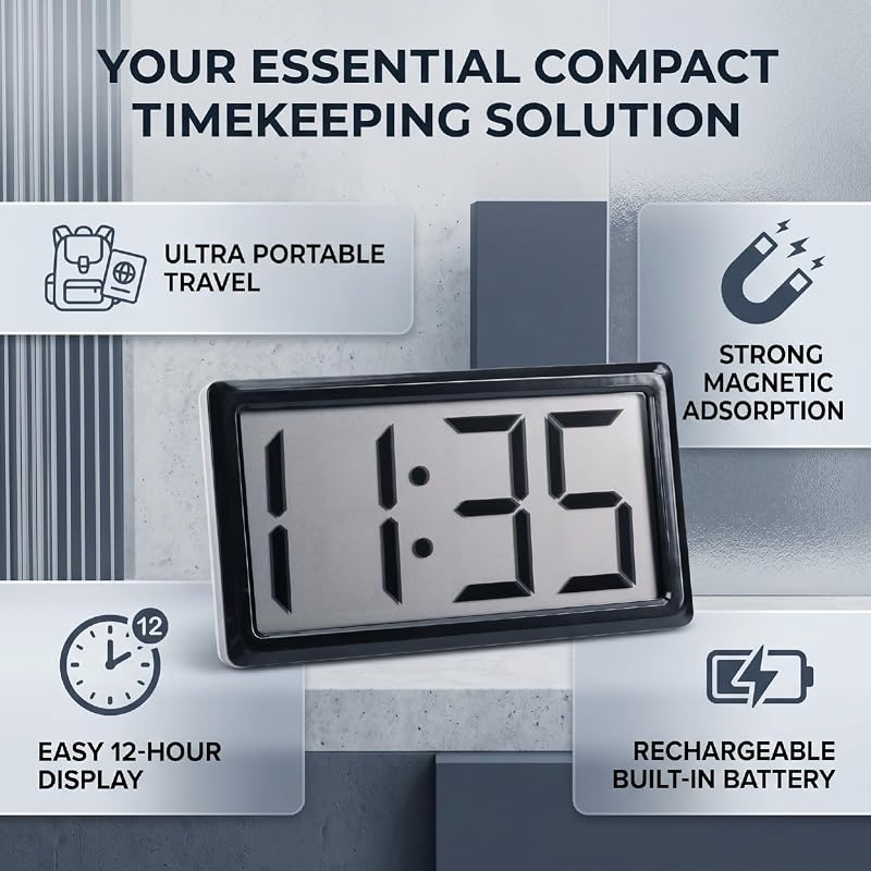 ASHATA Black Small Digital Clock - 12H Display, Magnetic & Portable