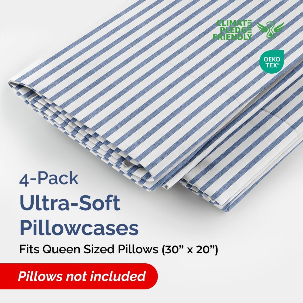 Skiennix Queen Pillow Cases Set of 4 - Ultra Soft Hotel Quality - Wrinkle Free & Fade Resistant - Blue Stripes