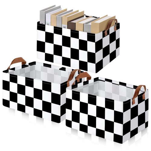 Boao 3 Pcs Checkered Basket Easter Baskets Checkered Storage Bin with Handles Gingham Storage Bin Square Tote Laundry Basket Canvas Foldable Box for Home Office Bedroom Bathroom(Black)