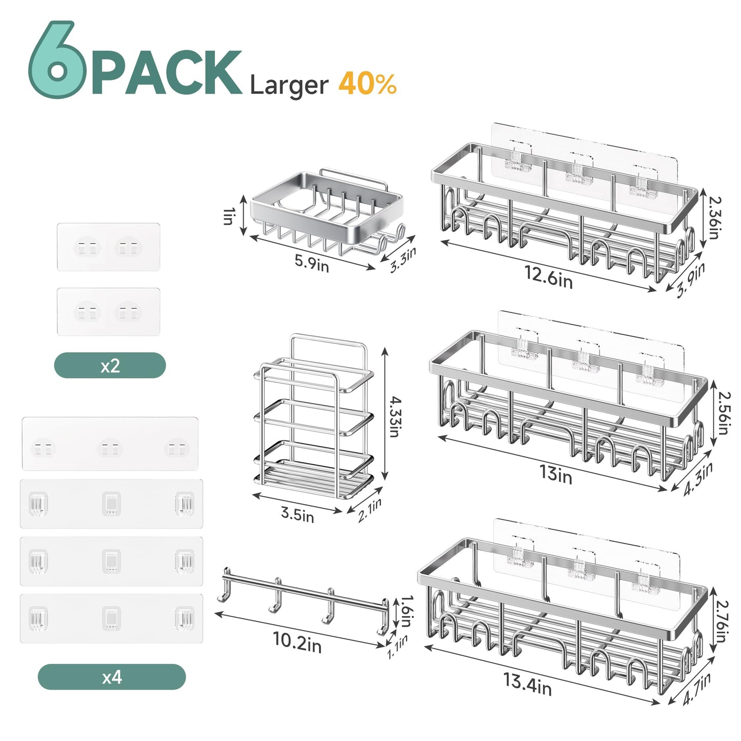 Veken Shower Caddy 6-Pack, Advanced Rustproof Design, No Drilling Adhesive Shelves, Rack with Soap Holder, Large Capacity Bathroom Organizers and Storage, Wall-Mounted Kitchen & Home Decor, Silver