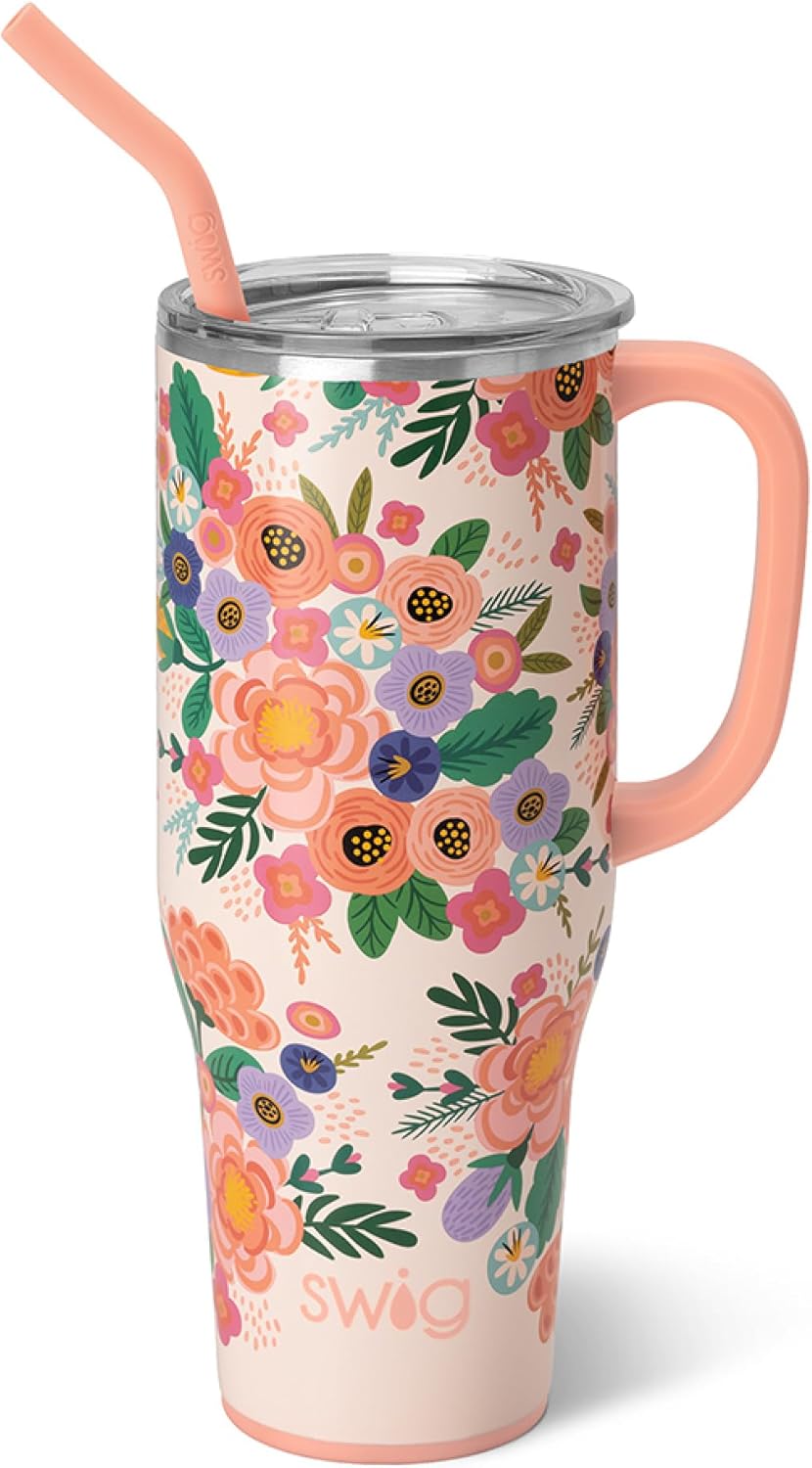 Swig Life 40oz Mega Mug - Insulated Tumbler with Handle & Straw | Dishwasher Safe, Full Bloom Design