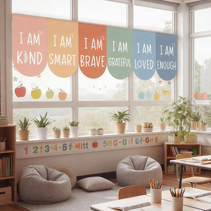 Boho Classroom Curtains 6-Piece Set 35 x 23 in - Positive I Am Affirmation