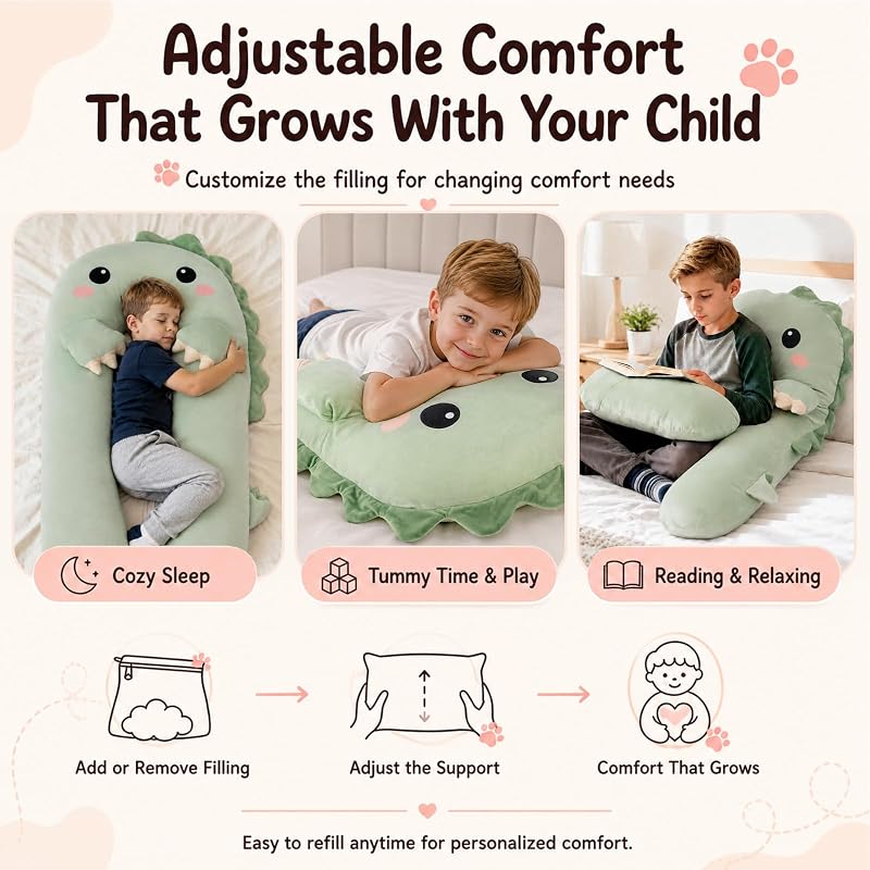 Green Dinosaur U Shaped Kids Body Pillow - Plush Toddler Comfort Pillow