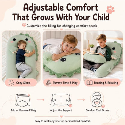Green Dinosaur U Shaped Kids Body Pillow - Plush Toddler Comfort Pillow