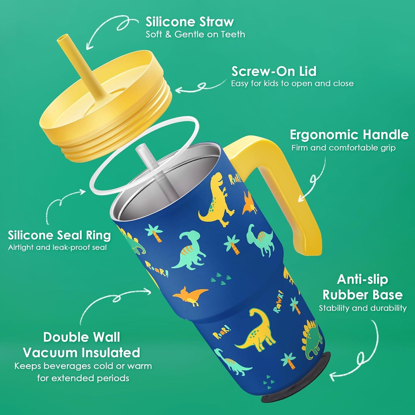 SANDJEST 20oz Dinosaur Tumbler - Insulated Stainless Steel Cup with Handle & Silicone Straw | Perfect Gift for Kids