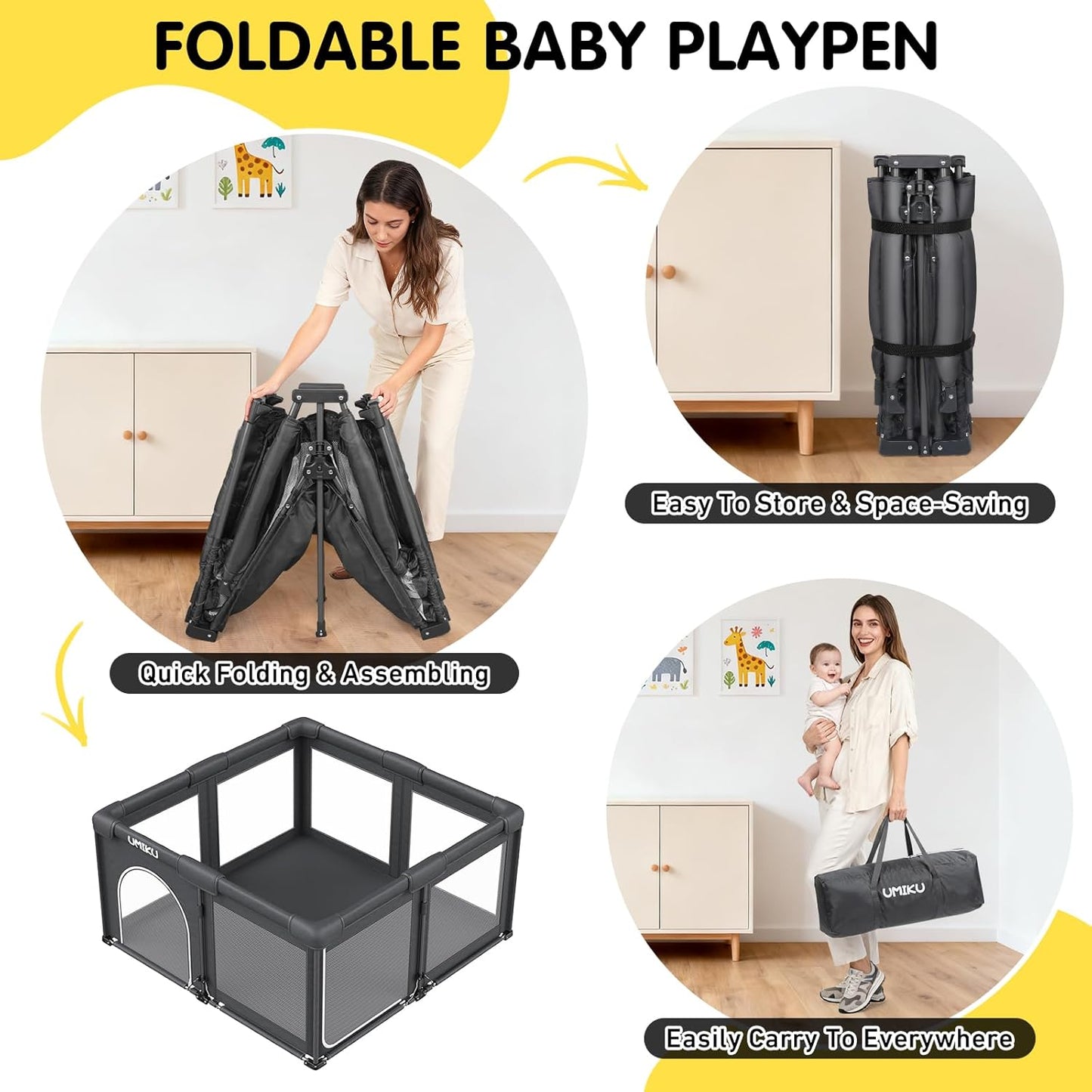 Skiennix Foldable Baby Playpen - Large Portable Play Yard for Indoor/Outdoor Use | 50" x 50" Dark Grey