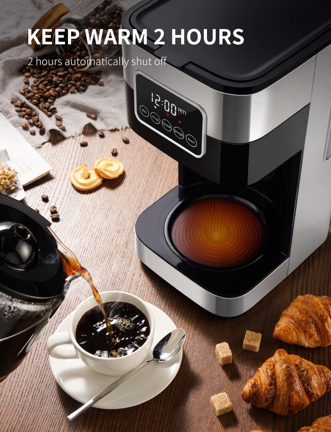 SHARDOR 10-Cup Coffee Maker - Programmable Drip Machine with Auto Shut Off & Permanent Filter - Silver