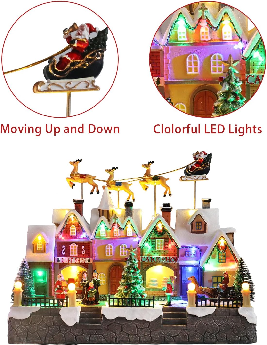 MUMTOP Christmas Village House - Light-Up Animated Town with Flying Reindeer & Santa Sleigh | Holiday Tabletop Decor