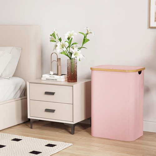 Lifewit 80L Laundry Basket - Foldable Hamper with Lid & Bamboo Handles | Removable Bag, Pink