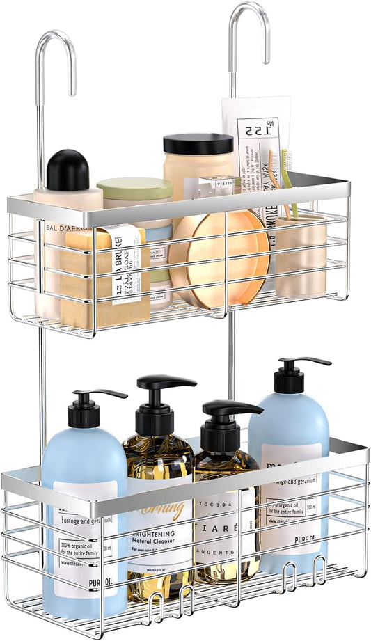 YUOROS Shower Caddy - 2-Tier Over the Door Organizer Rack | Rustproof 304 Stainless Steel, Silver Finish