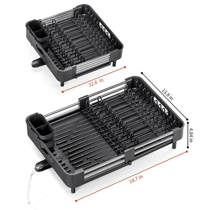TOOLF Dish Drying Rack - Expandable Kitchen Counter Rack with Drainboard & Cutlery Holder | Black