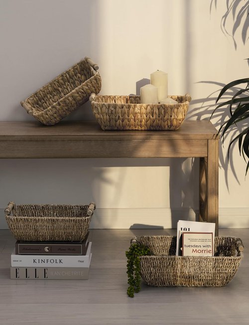 StorageWorks Small Baskets for Shelf, Seagrass Woven Basket with Wooden Handles for Gifts, 2-Pack
