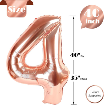 Rose Gold Number 4 Balloon - 40 Inch Giant Foil Balloon for 4th Birthday Party Decorations