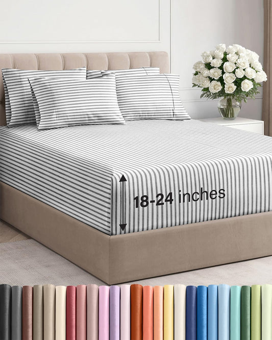 Skiennix Extra Deep Full Sheet Set - 6-Piece Breathable Cooling Bedding - Soft, Wrinkle-Free Grey Stripes