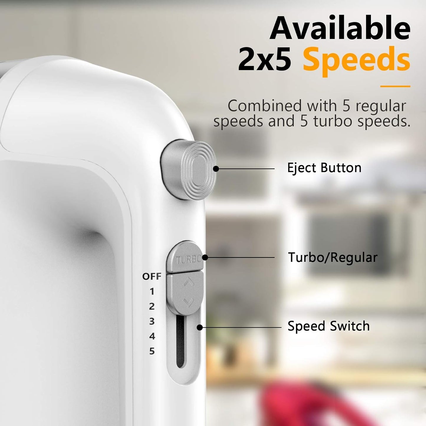 Skiennix Electric Hand Mixer - 450W Kitchen Mixer with Turbo Boost, 5 Speeds & Stainless Steel Accessories - White