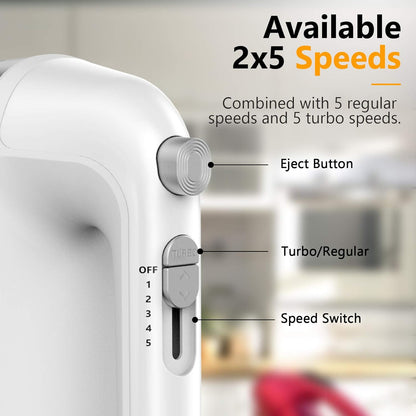 Skiennix Electric Hand Mixer - 450W Kitchen Mixer with Turbo Boost, 5 Speeds & Stainless Steel Accessories - White