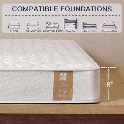 Profus 8 Inch Twin Hybrid Memory Foam & Bonnell Spring Mattress - White Variation