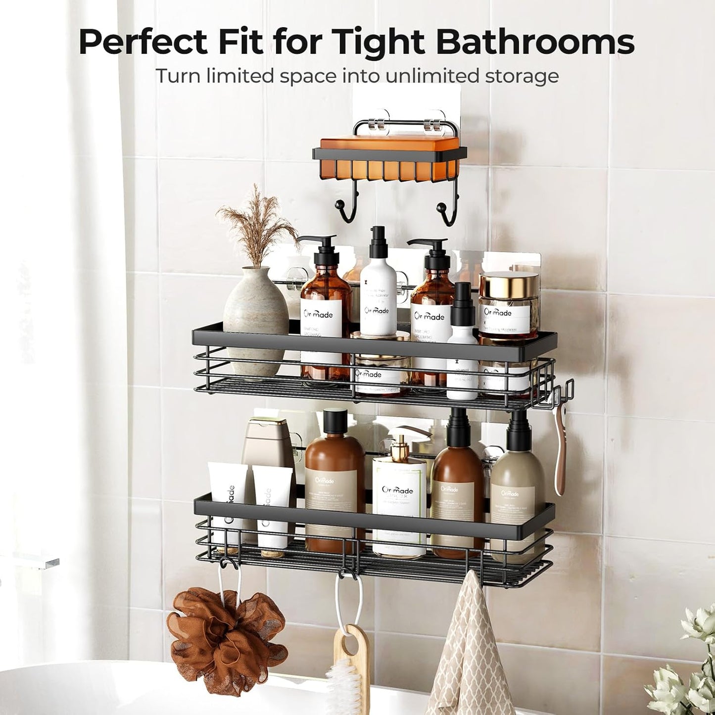 Orimade Adhesive Shower Caddy - Wall-Mounted Soap Dish Holder with 5 Hooks | Stainless Steel, Black - 3 Pack