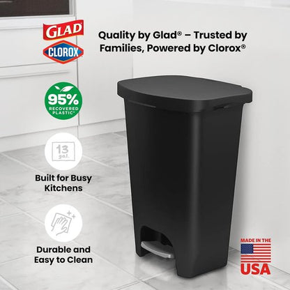 Glad 13 Gallon Trash Can - Odor-Proof Kitchen Waste Bin with Step-On Pedal & Bag Rings | Black