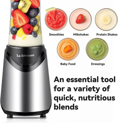 La Reveuse Smoothies Blender - 300 Watts Personal Size with 18 oz BPA-Free Travel Bottle | Silver