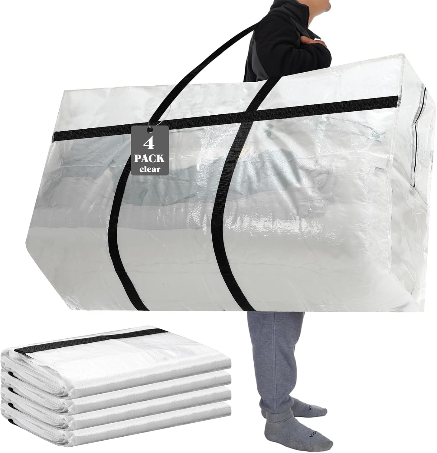 Skiennix 96 Gallon Extra Large Moving Bags - Heavy Duty Storage Tote with Strong Zipper Handle | Clear, Foldable Design