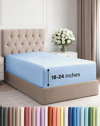 Extra Deep Twin XL Fitted Sheet - Hotel Luxury Single Fitted Sheet Only - Easily Fits 18 inch to 24 inch Mattress - Ultra Soft, Wrinkle Free with Extra Deep Pockets - Breathable & Comfy - Light Blue