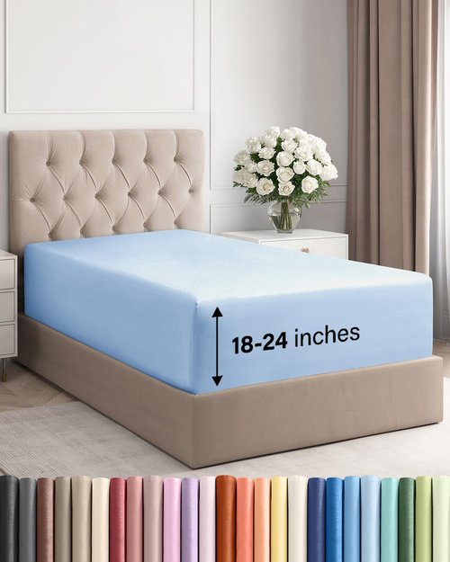 Extra Deep Twin XL Fitted Sheet - Hotel Luxury Single Fitted Sheet Only - Easily Fits 18 inch to 24 inch Mattress - Ultra Soft, Wrinkle Free with Extra Deep Pockets - Breathable & Comfy - Light Blue