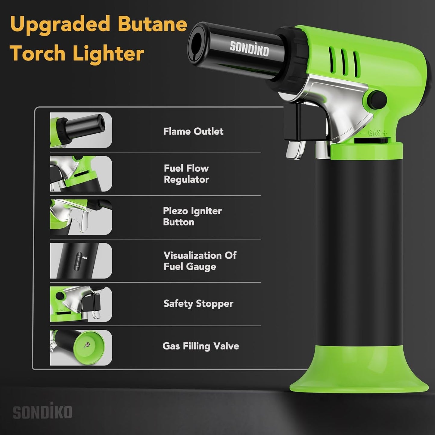 Sondiko Butane Torch - Refillable Soldering Lighter with Adjustable Flame | Fuel Gauge, Green & Black