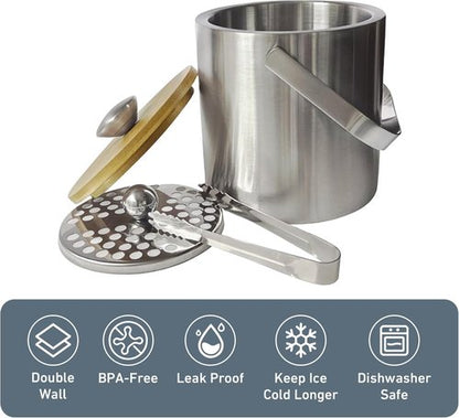 Lily's Home Double Wall Insulated Small Ice Bucket with Bamboo Lid - Stainless Steel Ice Holder with Tongs and Strainer, Ideal for Parties,Camping,Kitchen, Tiki Bar, Cocktail Bar, Portable & Mini,1.3L