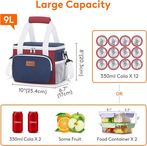 Lifewit Insulated Lunch Bag - Soft Cooler Tote for Adults | 12-Can Capacity, White & Red