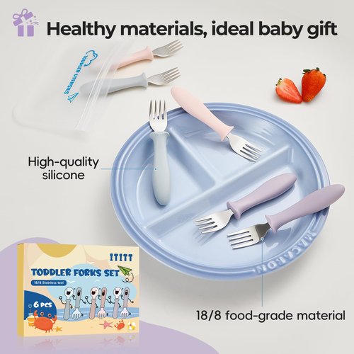 6 PCS Toddler Forks Set - Baby Forks with Silicone Handle Children Food Grade 18/8 Stainless Steel Toddler Utensils Set for Self Feeding Kids Silverware Set Safe Anti-Choke Design Dishwasher Safe