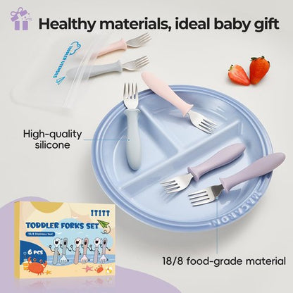 6 PCS Toddler Forks Set - Baby Forks with Silicone Handle Children Food Grade 18/8 Stainless Steel Toddler Utensils Set for Self Feeding Kids Silverware Set Safe Anti-Choke Design Dishwasher Safe
