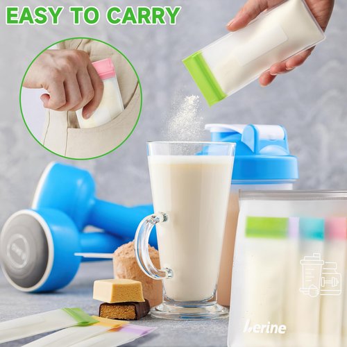 Protein Powder Travel Container Set, Reusable Protein Powder Container To Go, 21Pcs Single Dose Bags & 3Pcs Large Zip Bags, Portable Supplement Storage Containers with Funnel, Spoon
