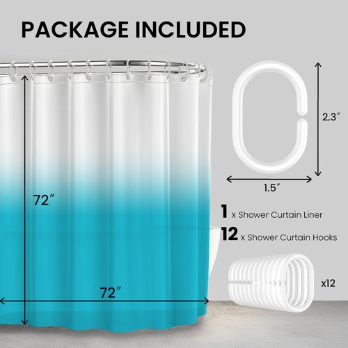 LiBa PEVA Shower Curtain Liner with 12 Plastic Shower Rings - 8G Waterproof Shower Liner, Pale Blue Gradient Weighted Bathroom Curtain, 72x72 Inch Shower Curtain Liner Set with Magnets