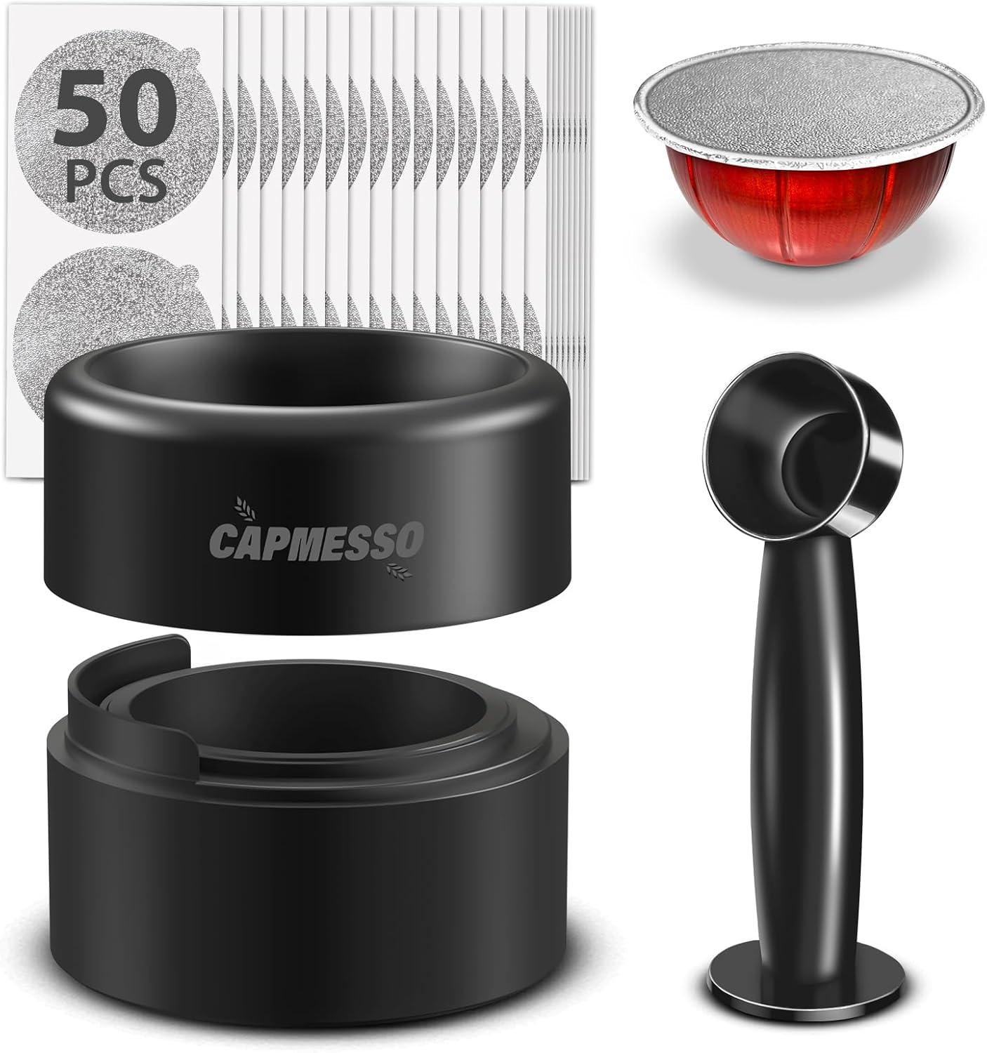 CAPMESSO Reusable Vertuoline Pod Refill Kit - 50 Aluminum Lids with Fill & Press Brush for Easy Use