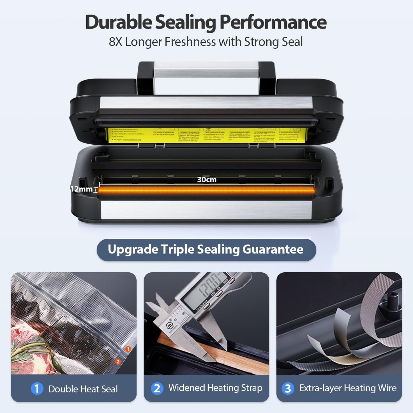 Precision Pro Vacuum Sealer by 95Kpa - Powerful Double Heat Seal & Pump | 10-in-1 Food Storage Machine, Blue