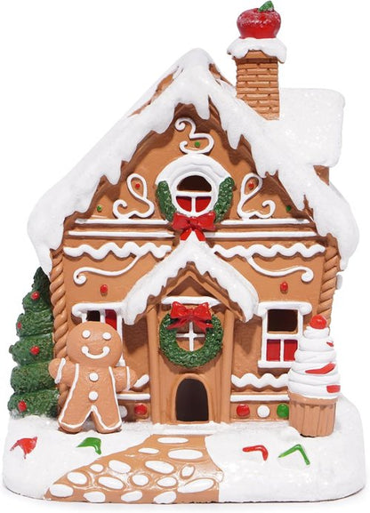 Hodao Gingerbread House Decor Figurine - Battery-Powered 5.1" Resin Village for Festive Indoor Displays