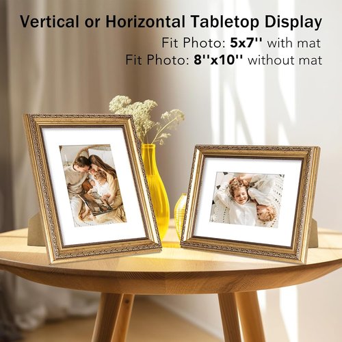 JCJMY Vintage Picture Frame Set of 4 - Elegant 8x10 Frames with 5x7 Mats | Shatter-Resistant Plexiglass, Gold