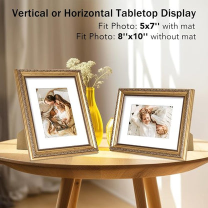 JCJMY Vintage Picture Frame Set of 4 - Elegant 8x10 Frames with 5x7 Mats | Shatter-Resistant Plexiglass, Gold
