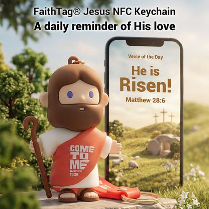 FaithTag Mini Jesus Figurine Keychain - 3.2in NFC Interactive Touch Plays Bible Stories | Perfect Gift for Kids & Women