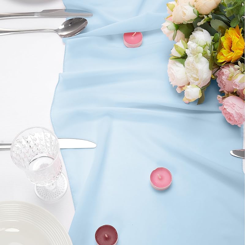 12 Pack 14x108 Inch Blue Mist Chiffon Table Runner - 9 ft for Weddings, Parties